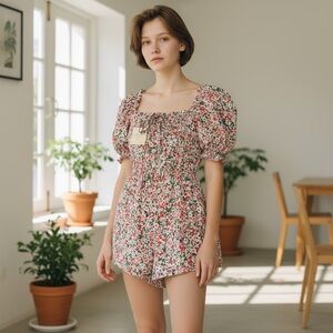 New babydoll romper floral sheared back lined pockets S